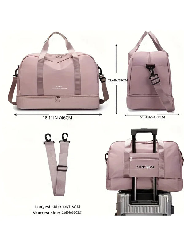 Pinkes, aufklappbares Nylon-Reise-Duffeltasche in verschiedenen Ansichten und Dimensionen.