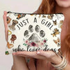 Bolsa de almacenamiento con cremallera de lona que presenta ilustraciones de varios gatos y un tema de niña.