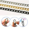 Various metal chain straps in silver and gold colors shown with various clasps for bags and wallets