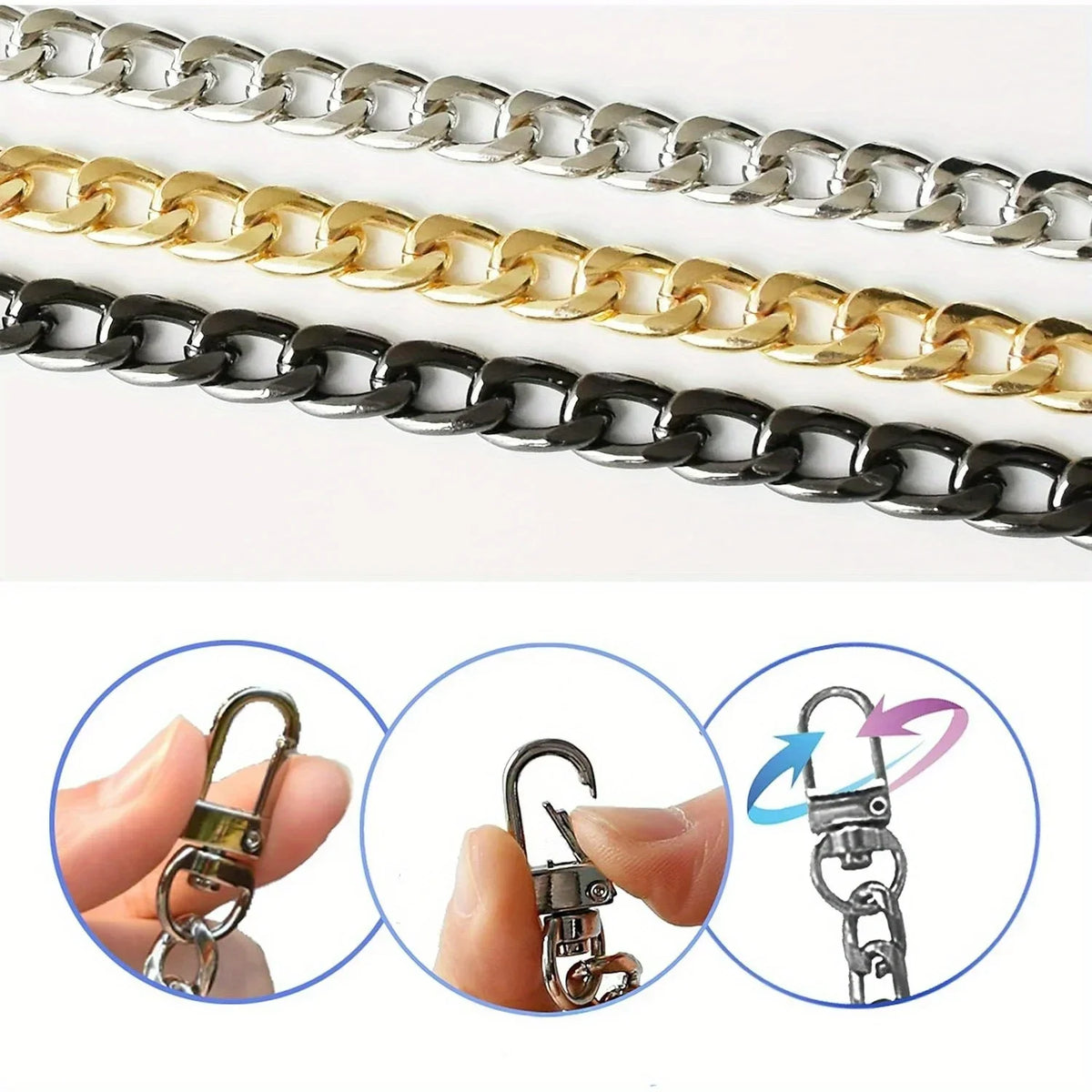 Various metal chain straps in silver and gold colors shown with various clasps for bags and wallets