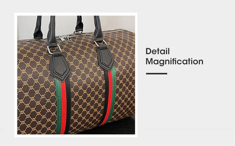 Close-up detail of a women's plaid travel duffle bag featuring brown and green fabric with black leather straps.