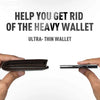A hand holds a thin black card holder, demonstrating protection against RFID scanning.