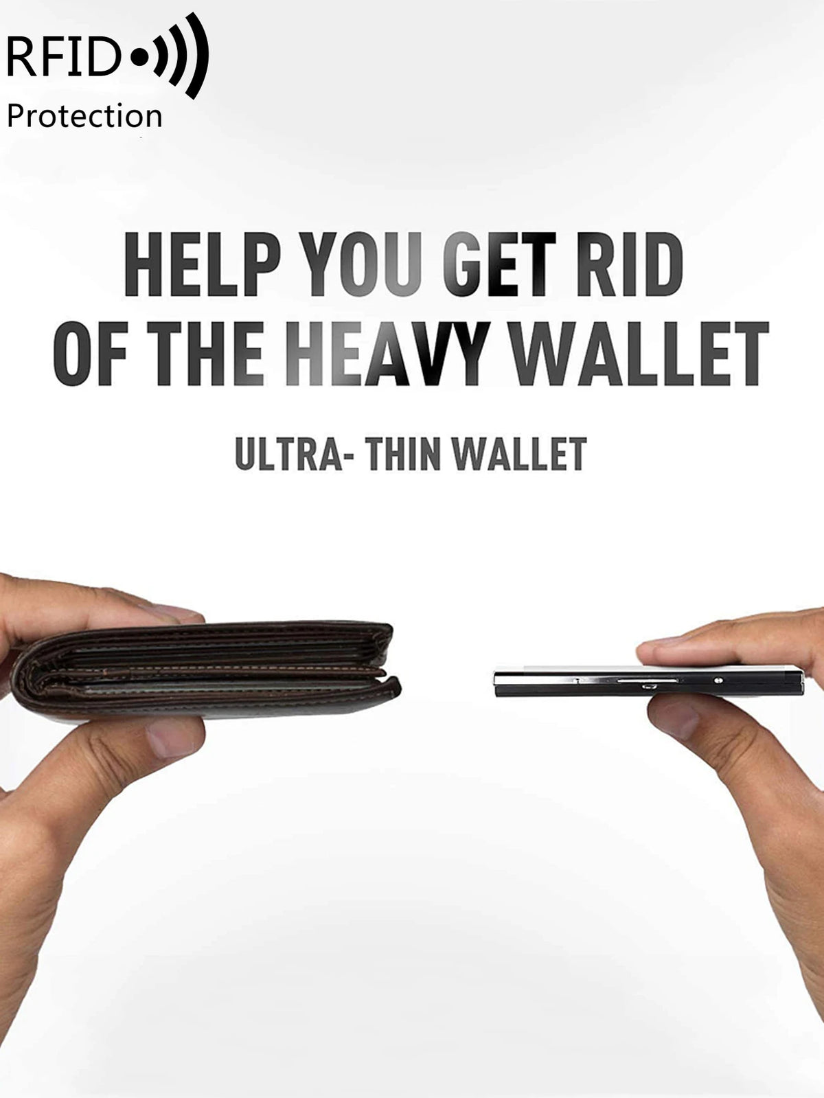 A hand holds a thin black card holder, demonstrating protection against RFID scanning.