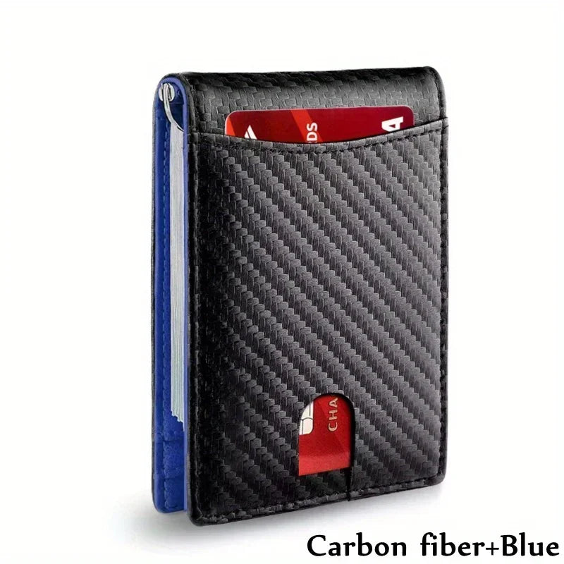 A black carbon fiber wallet with a blue lining and a red card slot.