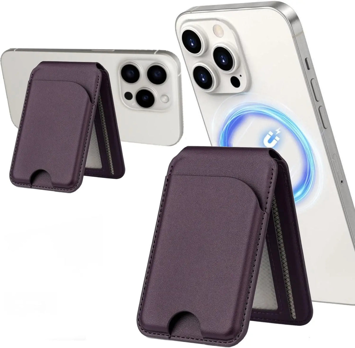 A purple MagSafe magnetic card holder wallet for an iPhone, shown with the phone and a separate wallet.