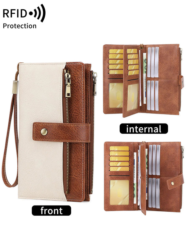 Front and internal views of a women's brown leather RFID blocking wallet.