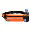 Orange waterproof running waist pack with a black strap and a clear plastic water bottle.