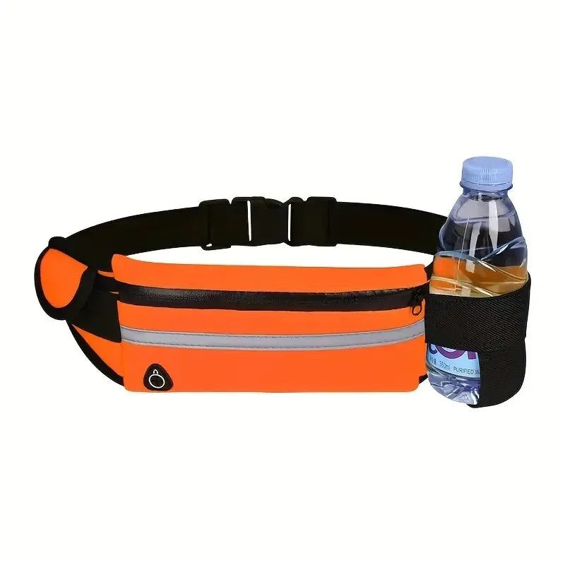Orange waterproof running waist pack with a black strap and a clear plastic water bottle.