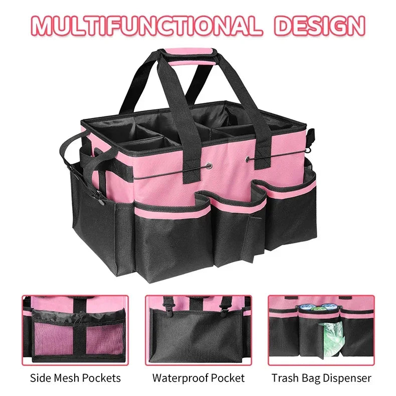 حقيبة تخزين متعددة باللونين الوردي والأسود مزودة بجيوب شبكية، وجيب مقاوم للماء، وموزع أكياس القمامة