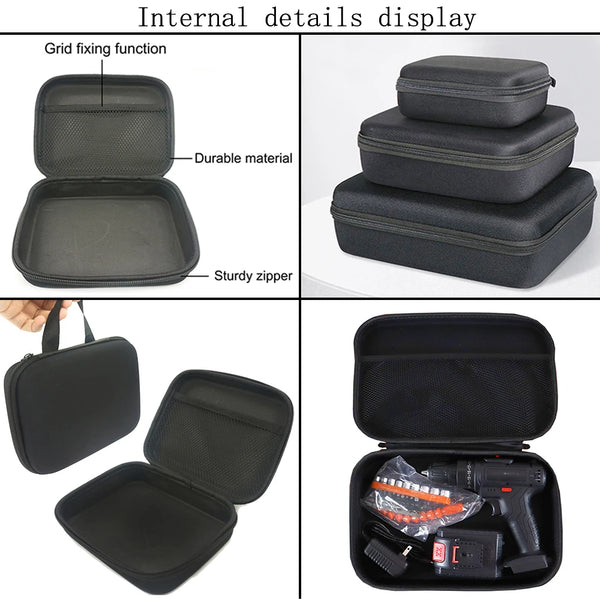 Détails internes d'un sac de rangement portable noir montrant des fonctions comme la fixation en grille, un matériau durable 