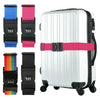 A white rolling suitcase with multiple colored adjustable security straps attached to the handle.