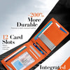 An orange leather wallet with 12 card slots and an integrated money clip, shown open on a dark background.