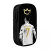 Black pencil case featuring a graphic of a golden crown and a soccer player's jersey.