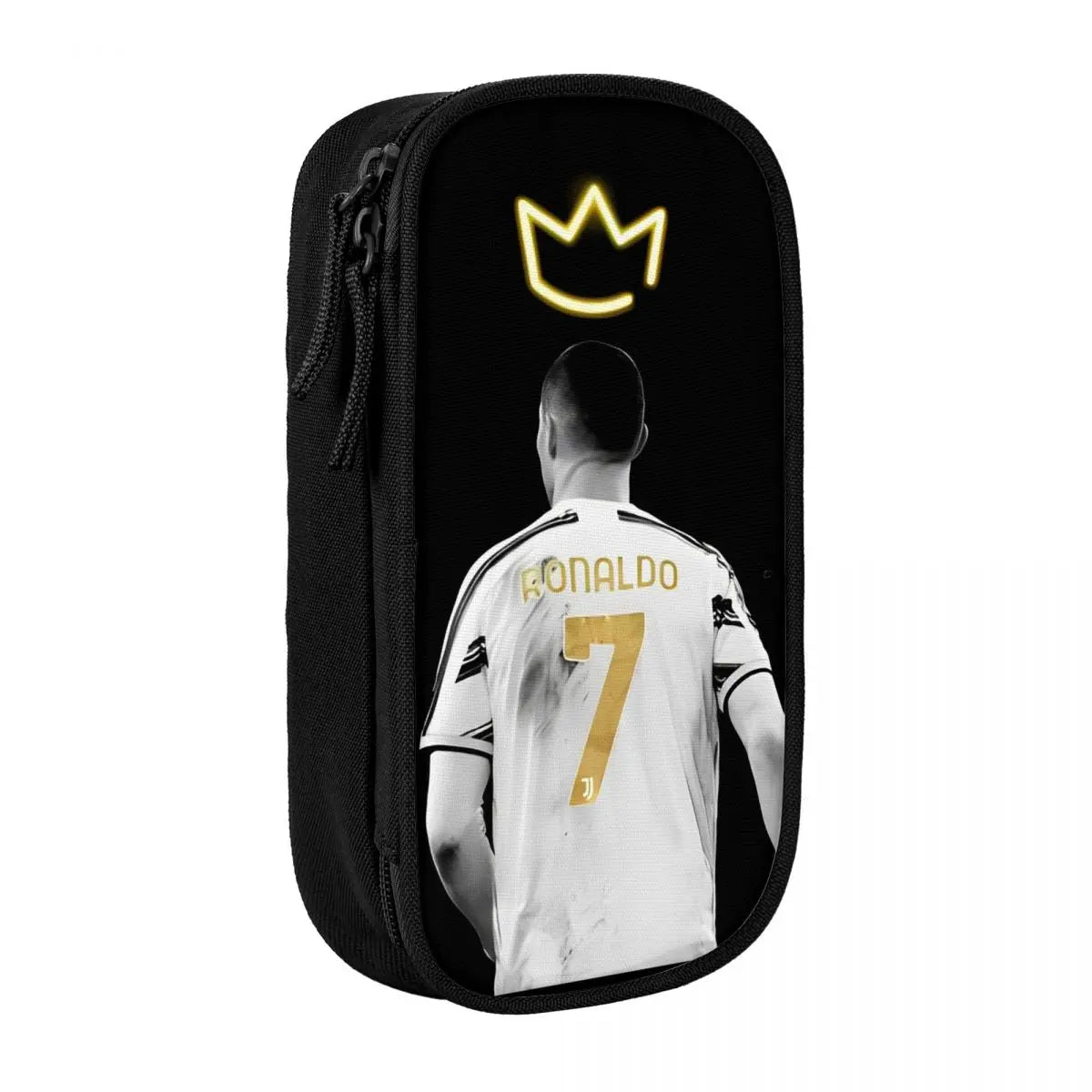 Black pencil case featuring a graphic of a golden crown and a soccer player's jersey.