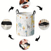Various angles show a foldable canvas laundry and storage basket with colorful animal designs.