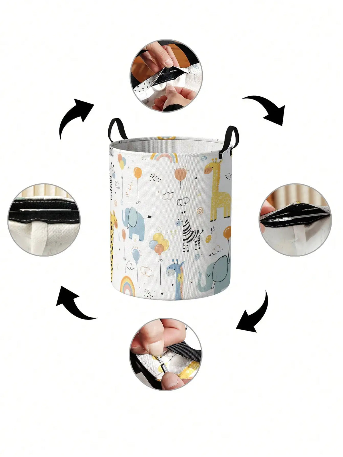 Various angles show a foldable canvas laundry and storage basket with colorful animal designs.