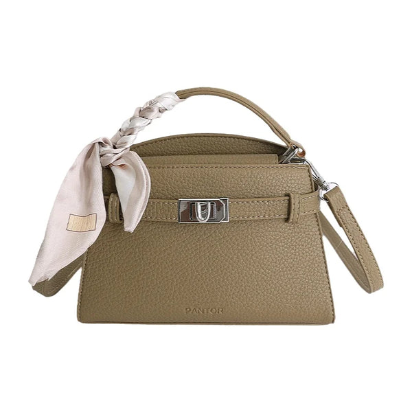 A beige PU leather crossbody clutch bag with a braided strap and silver hardware.