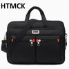 Black HTMCK men's durable oxford briefcase with two zippered compartments and a carrying strap.