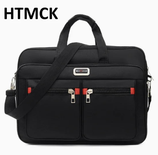Black HTMCK men's durable oxford briefcase with two zippered compartments and a carrying strap.