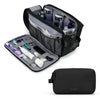 A black multifunction cosmetic toiletry bag is shown open, revealing various makeup and grooming tools inside.