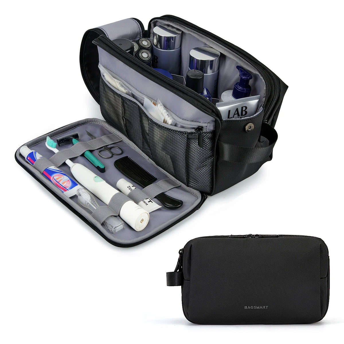 A black multifunction cosmetic toiletry bag is shown open, revealing various makeup and grooming tools inside.