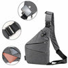 A gray anti-theft crossbody chest bag with a strap and a flap closure shown from multiple angles.