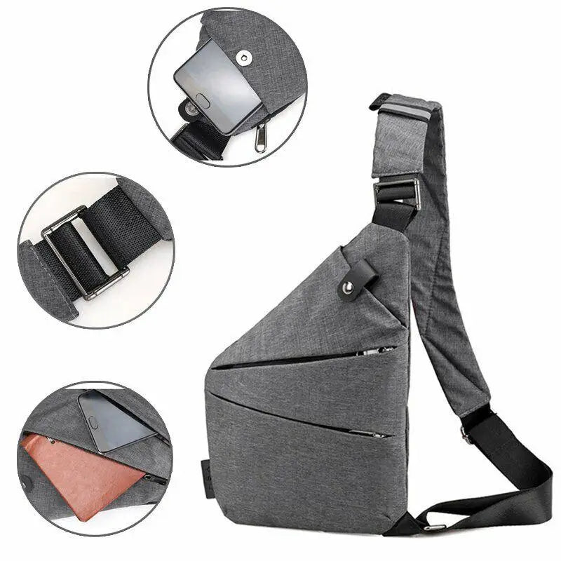 A gray anti-theft crossbody chest bag with a strap and a flap closure shown from multiple angles.