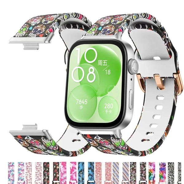 Sangle silicone pour montre Huawei avec boîtier argenté et bracelet à motif.