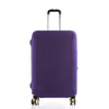 Purple stretch fabric luggage protector cover with a black handle and wheels