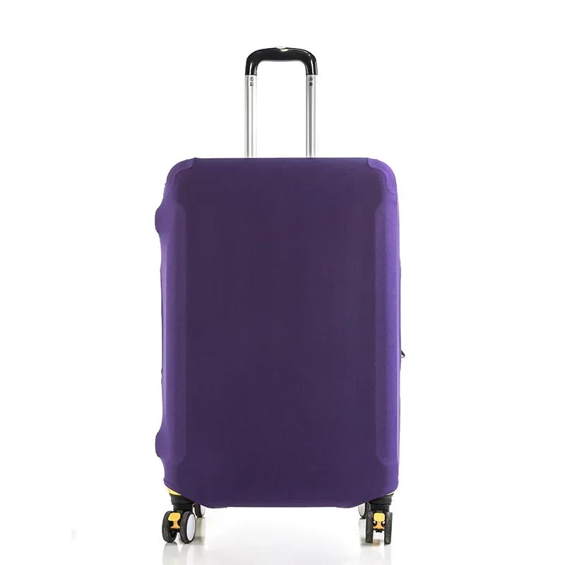Purple stretch fabric luggage protector cover with a black handle and wheels