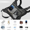 A black tactical chest bag with reflective strips and various small electronic accessories displayed on a white background.