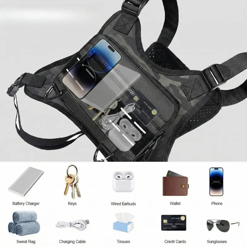 A black tactical chest bag with reflective strips and various small electronic accessories displayed on a white background.
