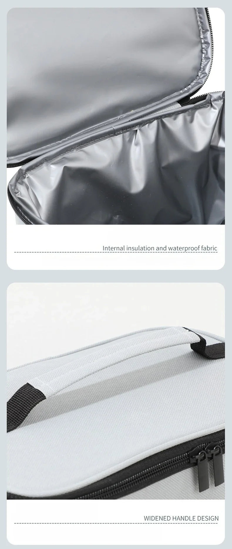 Close-up view of a silver insulated lunch bag showing the interior and a white version with a widened handle design.