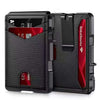 A black slim RFID blocking men's card wallet shown open displaying a credit card.
