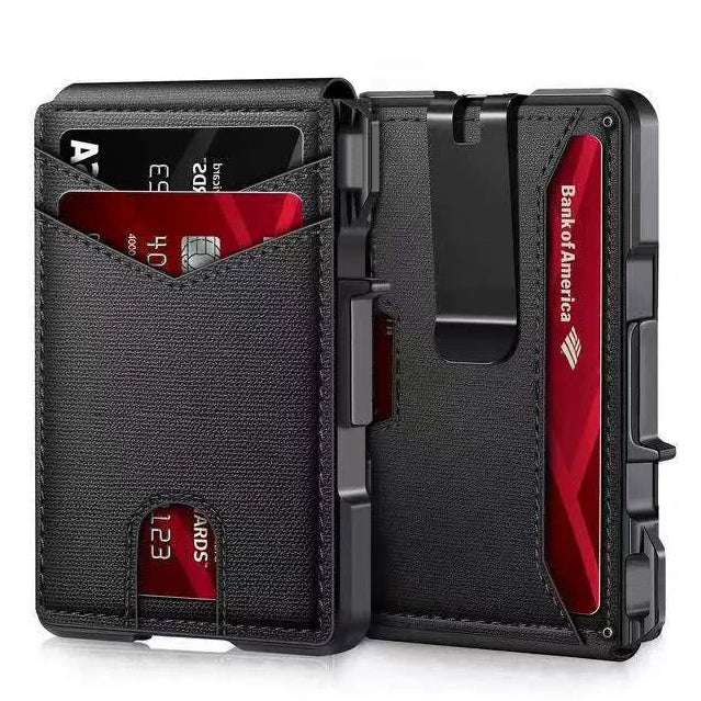 A black slim RFID blocking men's card wallet shown open displaying a credit card.