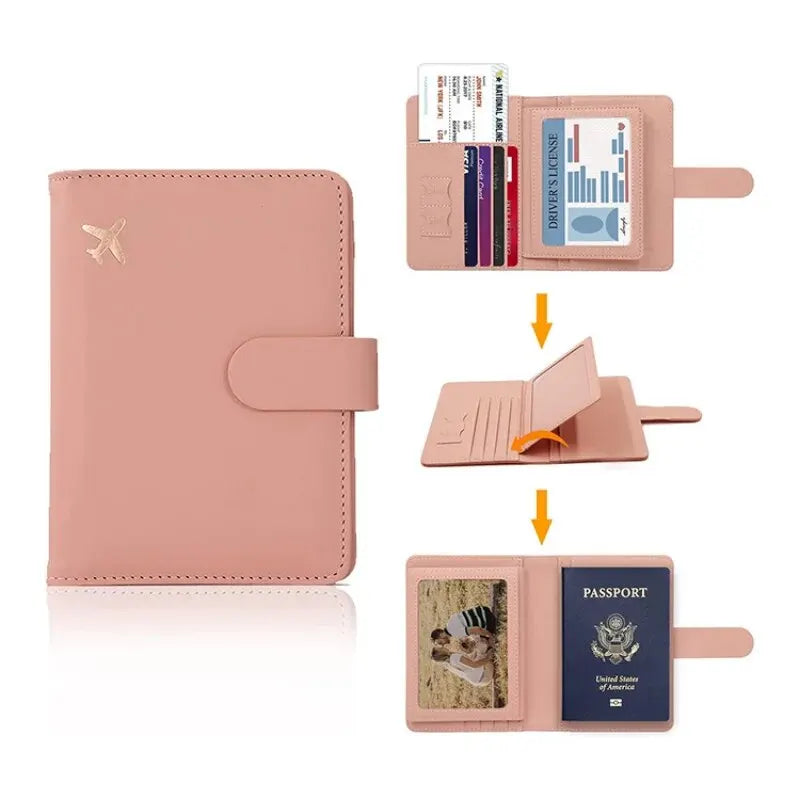 A pink PU leather passport holder with slots for credit cards and driver's licenses.