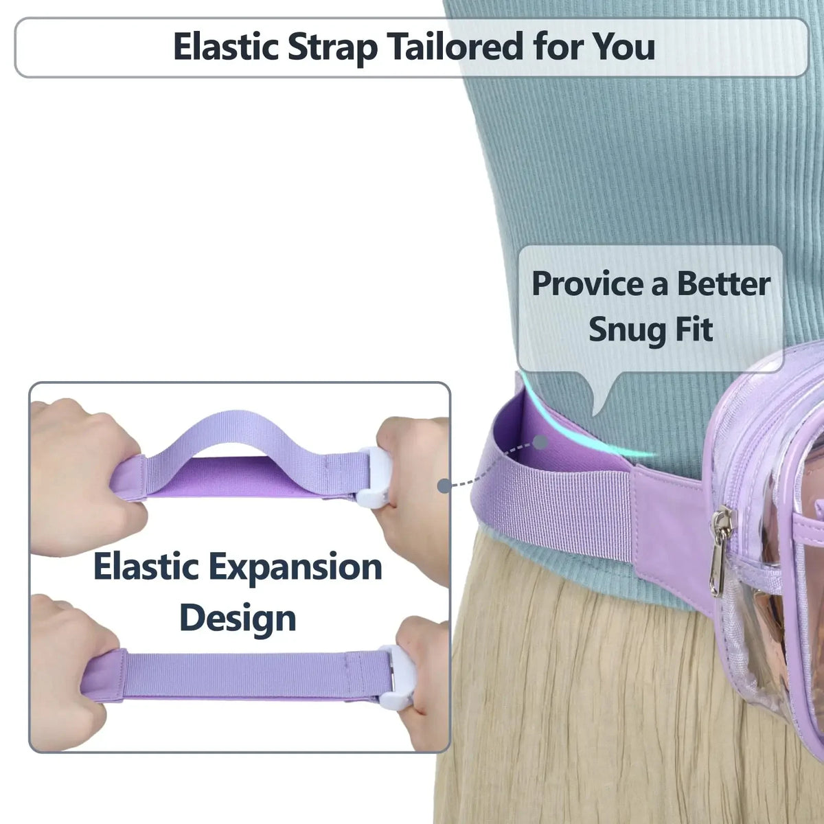 Close-up of a purple elastic strap designed for a snug fit on a person's torso.