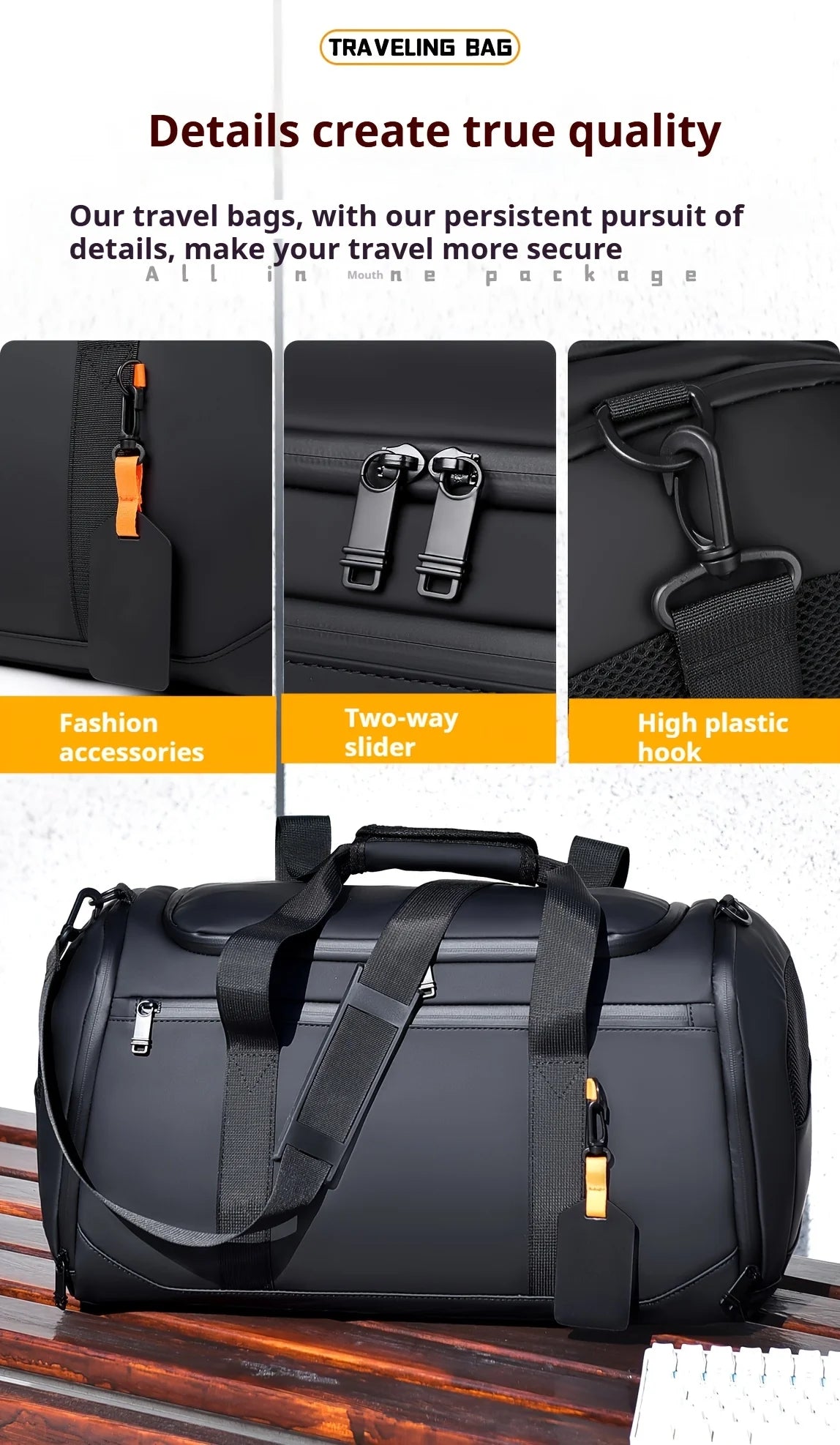 Grand sac de voyage noir à bandoulière avec divers accessoires sur une surface en bois.