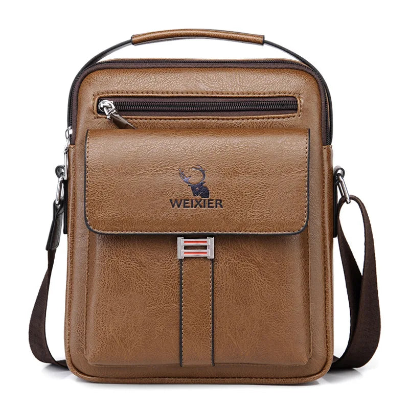 Brown vintage PU leather crossbody messenger bag with a leather handle and flap pocket