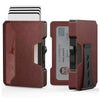 A dark reddish-brown slim metal wallet with a protective sleeve and RFID blocking card holder.