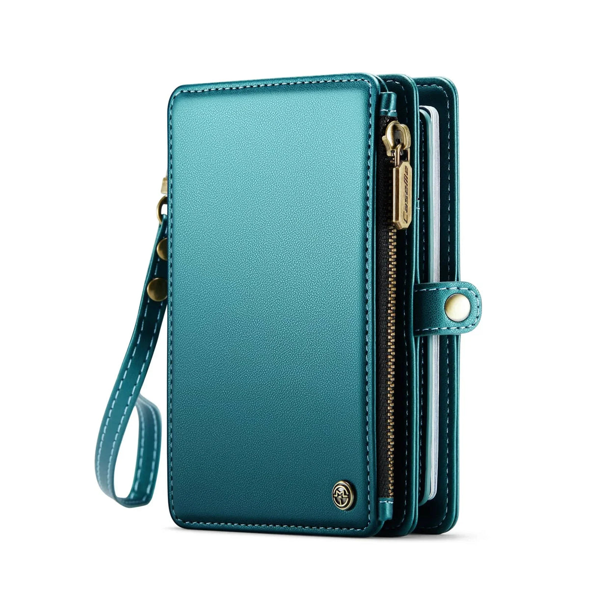 Cartera de pasaporte de cuero verde azulado con cremallera y correa dorada.