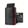 Black men's pop-up wallet with RFID protection featuring multiple cards and a leather flap.