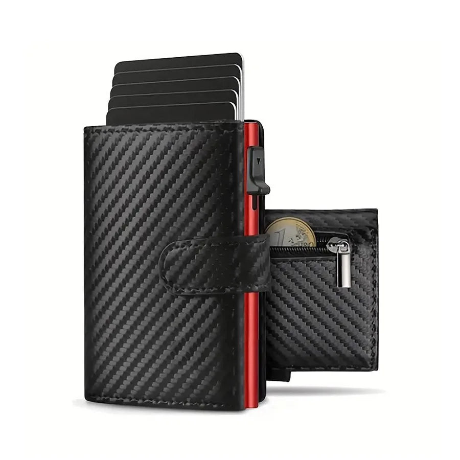 Black men's pop-up wallet with RFID protection featuring multiple cards and a leather flap.