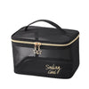 Black mesh travel cosmetic storage pouch with a gold zipper and a star charm.