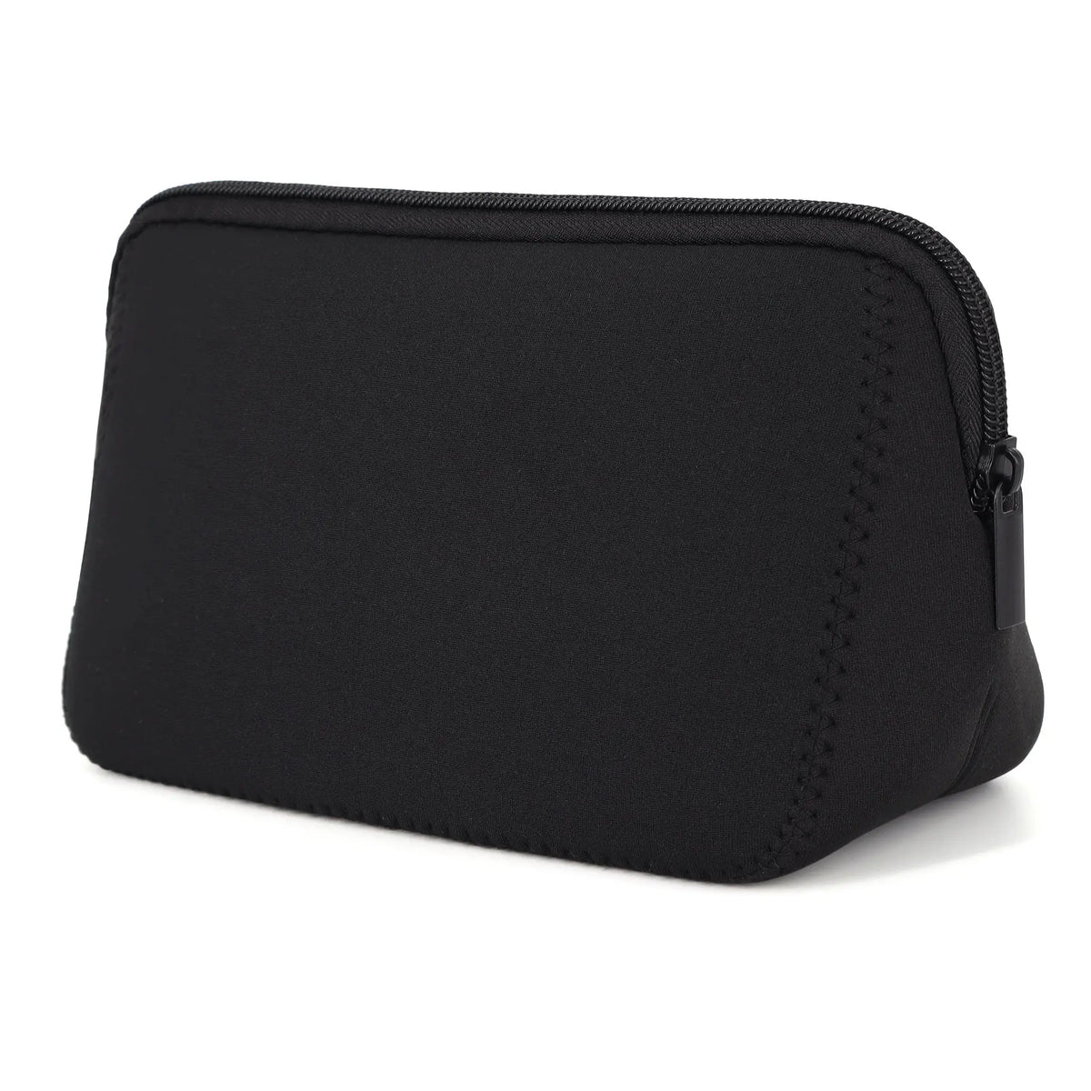 Black portable neoprene cosmetic organizer bag with a zippered top.