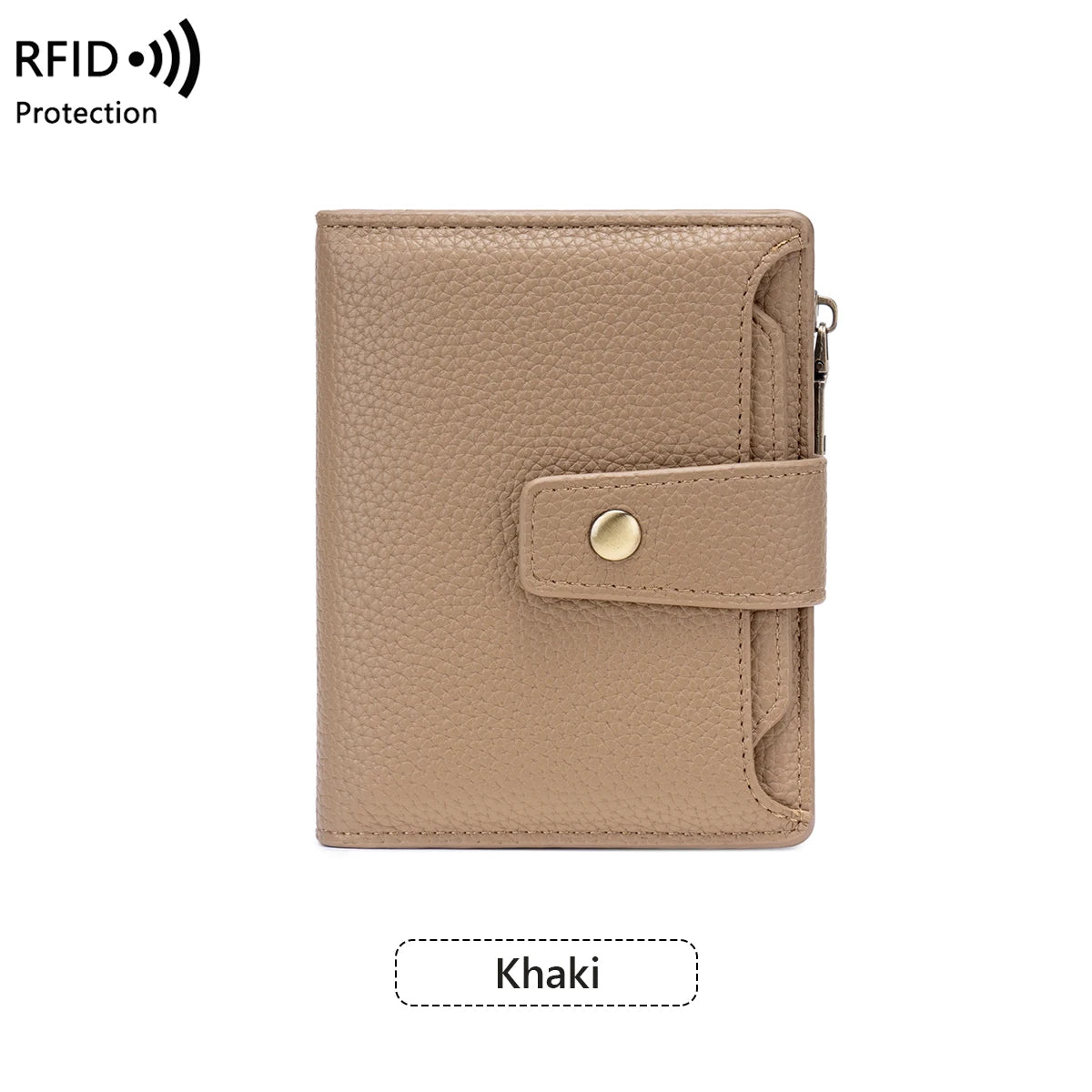 Tan RFID blocking bi-fold card holder wallet in a light beige color