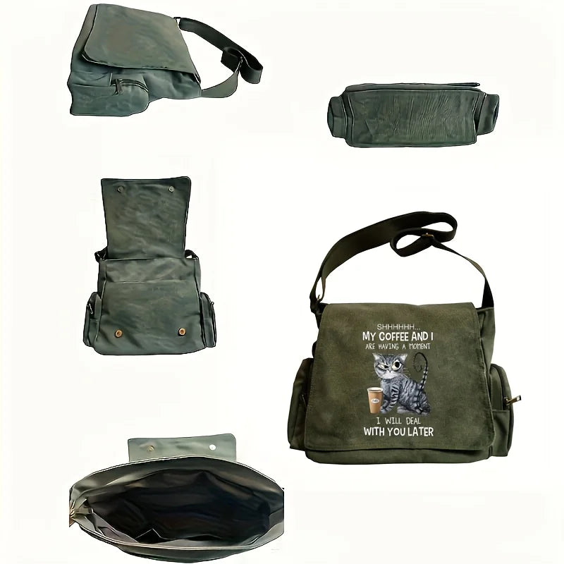 A vintage canvas messenger bag in olive green featuring a cat print, shown from multiple angles.
