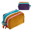 A multi-compartment travel toiletry organizer bag featuring striped fabric in shades of teal, pink, purple, and yellow.