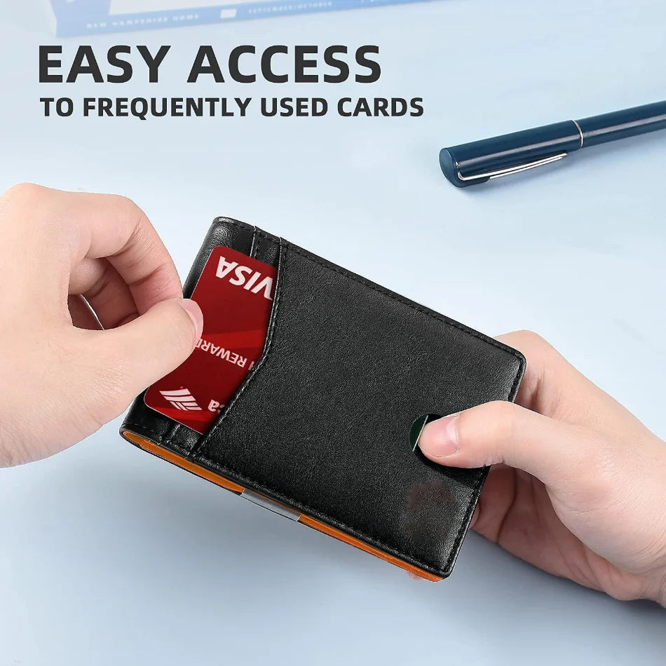 A hand holds a black slim leather card wallet displaying various credit cards and an ID card.