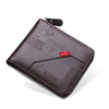 A dark brown vintage PU leather zipper wallet with a leather strap and stitched edge.